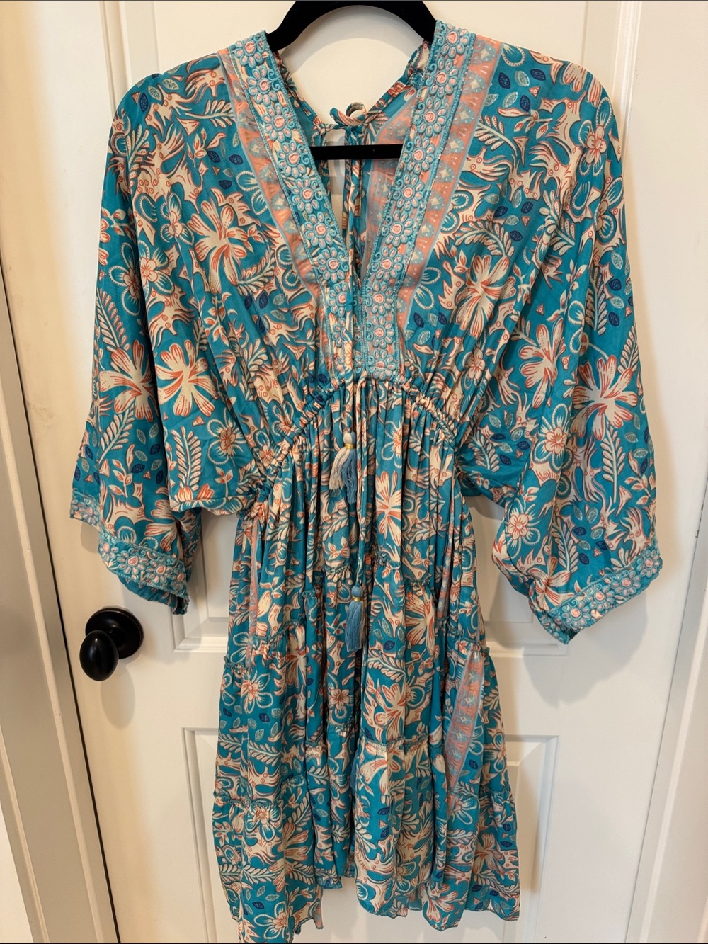 Turquoise Floral Mini Dress with Tie Waist